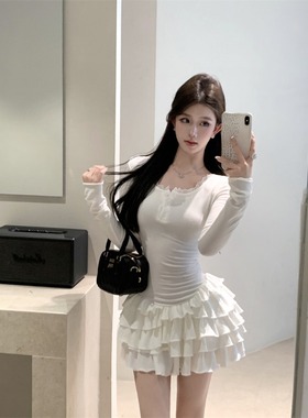 白色假两件长袖连衣裙女秋冬芭蕾风内搭打底裙子蛋糕蓬蓬a字短裙