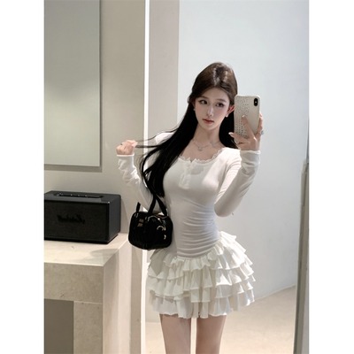X型方领芭蕾风白色日常微弹春秋