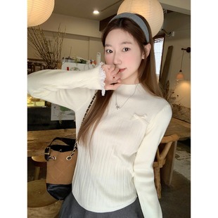 灰色拼接蝴蝶结半高领针织衫女秋冬设计感修身内搭打底衫毛衣上衣