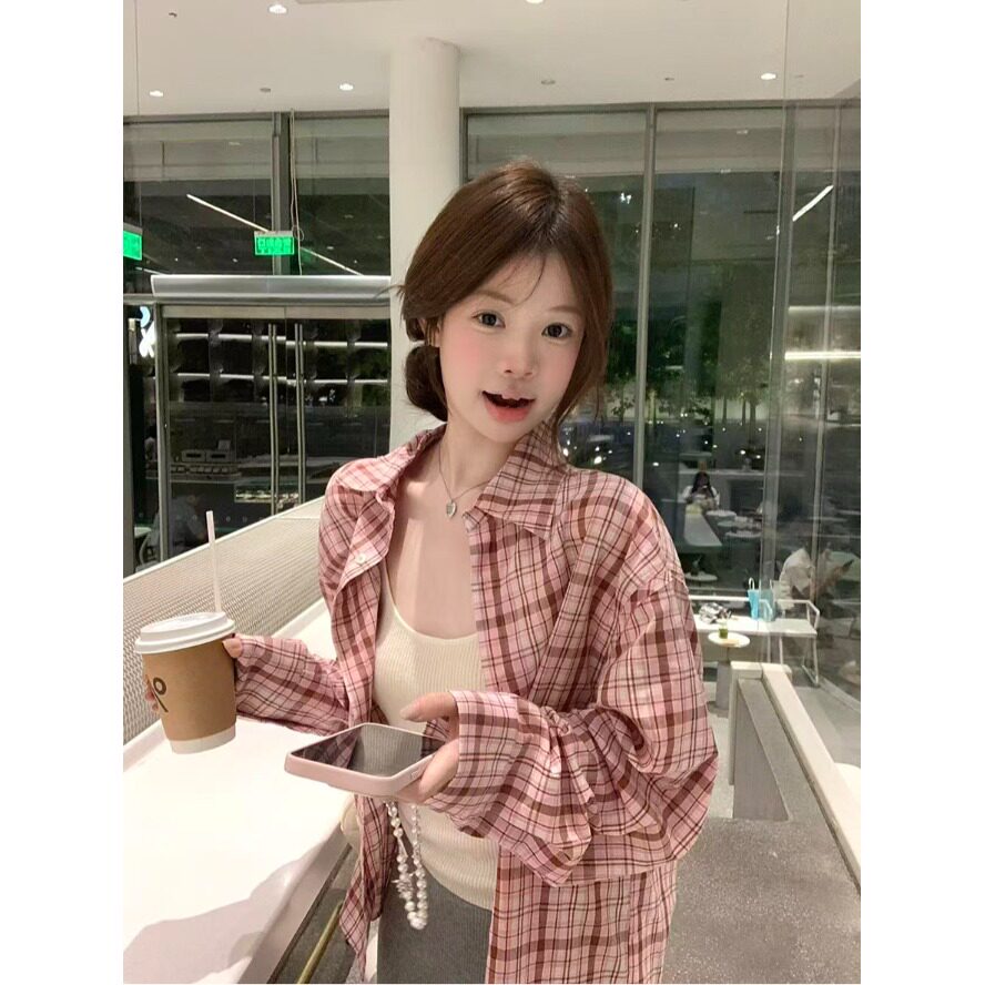 美式复古防晒格子衬衫女