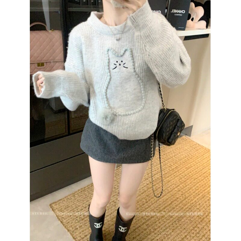 韩系百搭猫咪图案圆领灰色毛衣女秋冬洋派减龄宽松显瘦针织上衣女