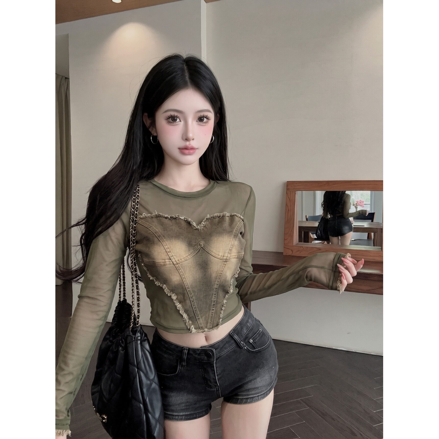 美式牛仔修身显瘦长袖T恤女