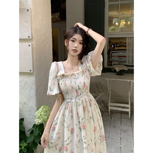 2025年雪纺新款法式甜美碎花连衣裙女气质复古温柔裙子