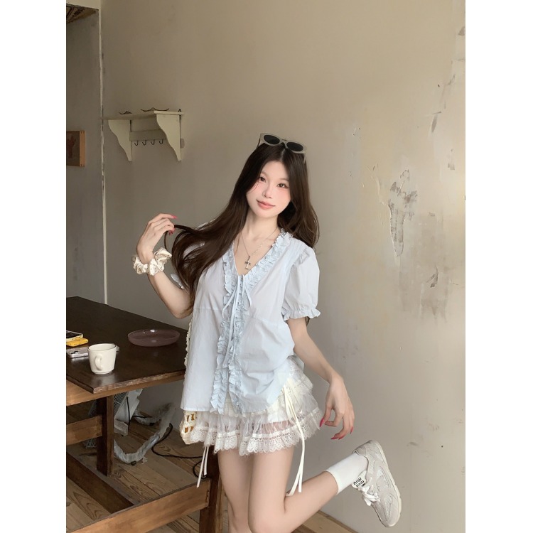 韩系纯欲风花边V领衬衫女短袖宽松显瘦甜美小衫衬衣轻薄小个子