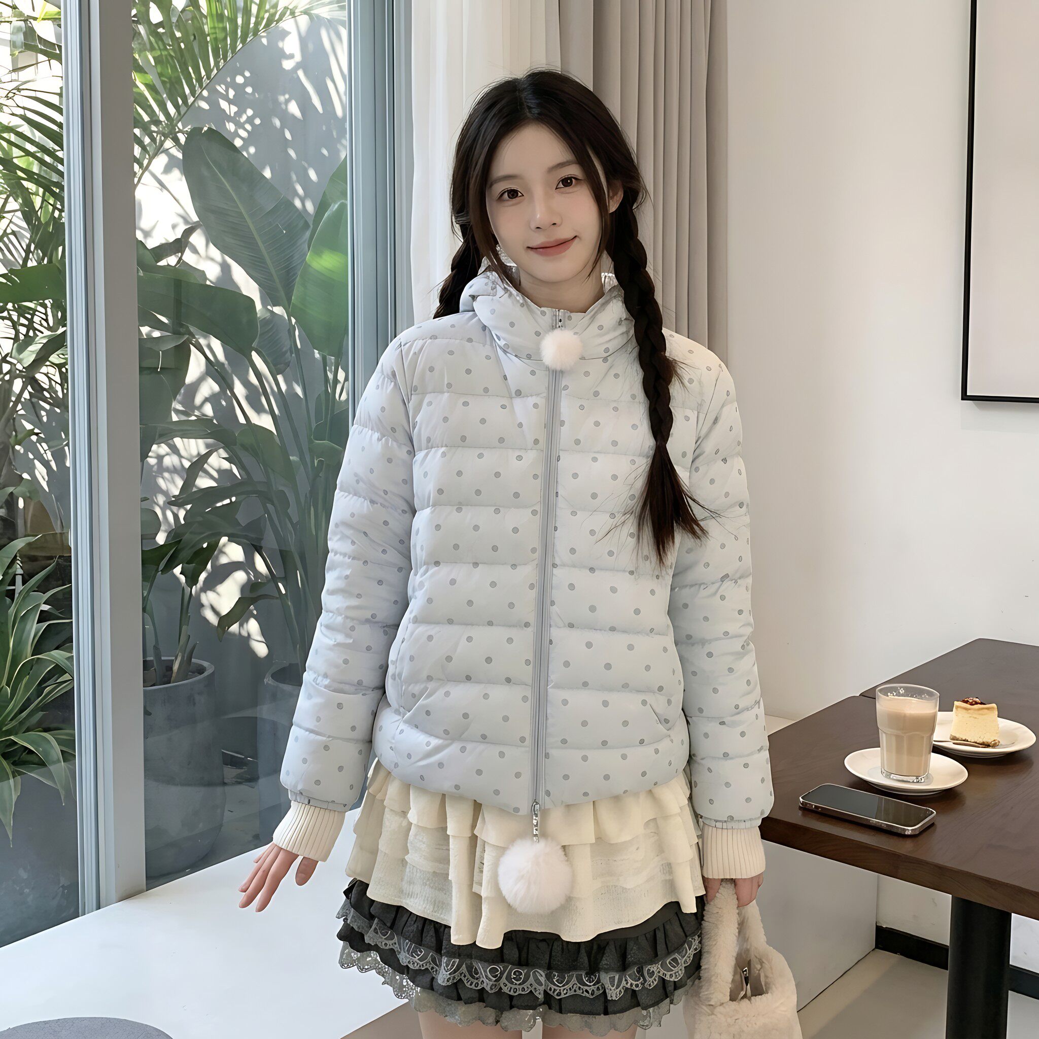 韩系波点连帽轻量羽绒棉服女冬季