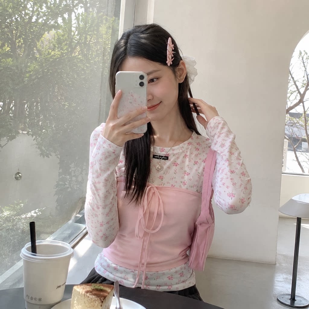 韩系粉色碎花长袖T恤女新款