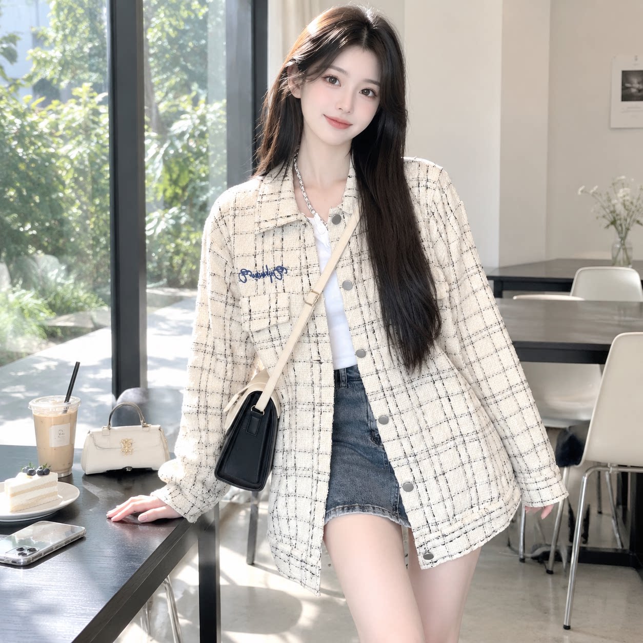 轻奢小香风千鸟格外套女