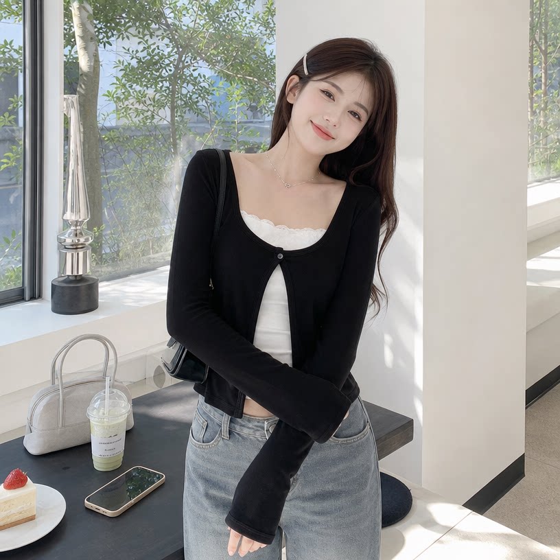 韩系chic假两件蕾丝长袖T恤女