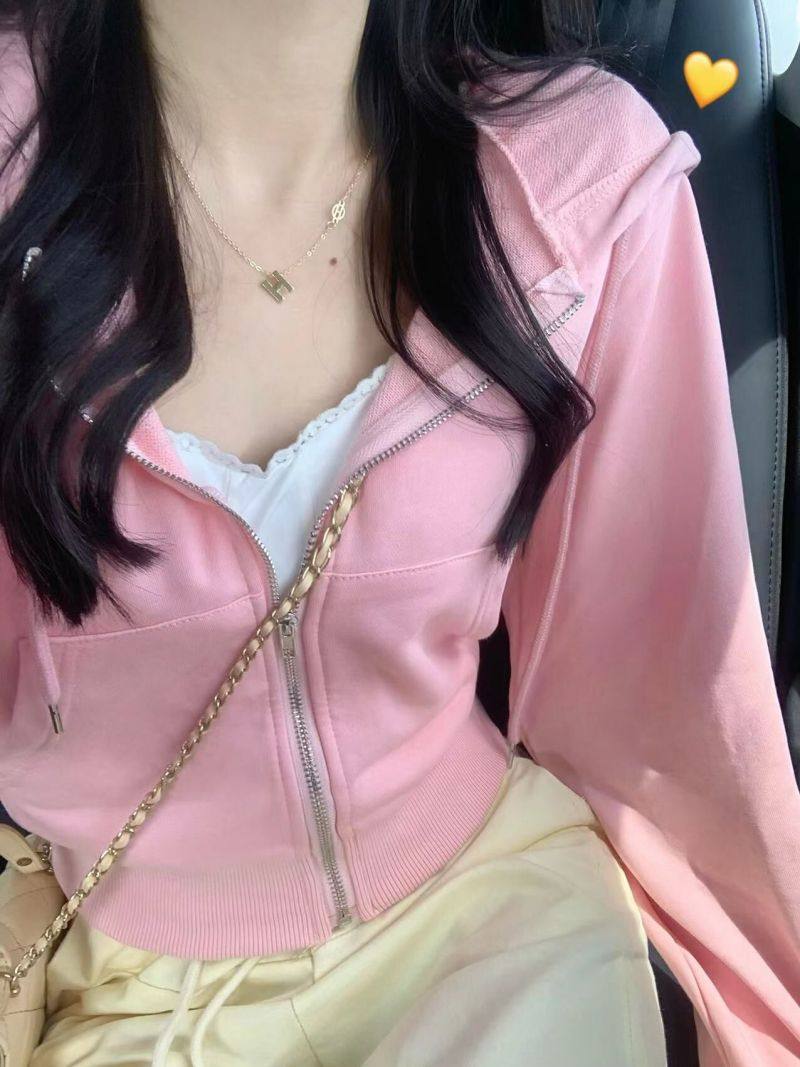 粉色连帽薄款纯棉卫衣女秋季新款高级感修身显瘦长袖拉链短款上衣