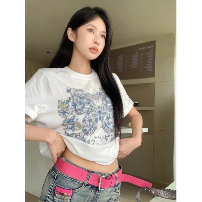 白色印花短袖t恤女纯棉夏季蝴蝶显瘦圆领套头修身设计感上衣ins