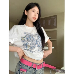 白色印花短袖t恤女纯棉夏季蝴蝶显瘦圆领套头修身设计感上衣ins