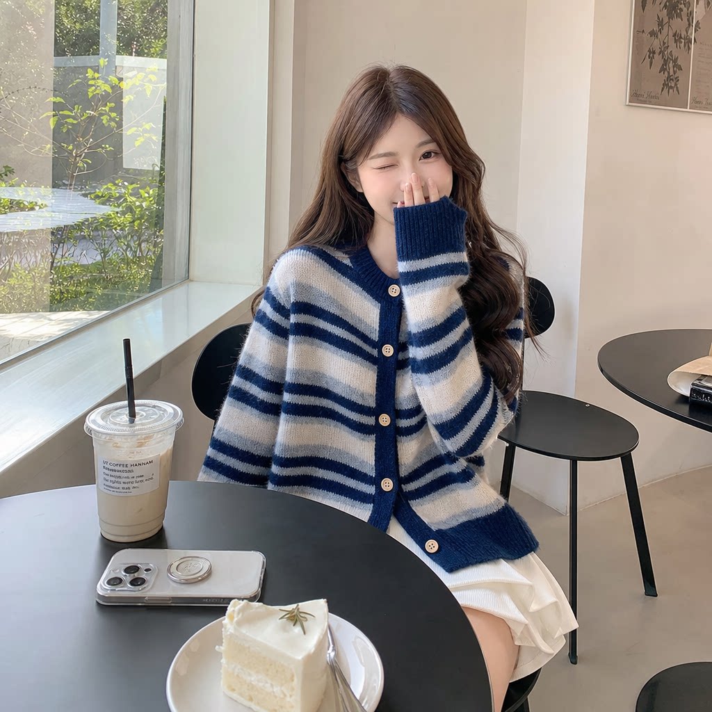 韩系复古条纹针织毛衣开衫女秋冬