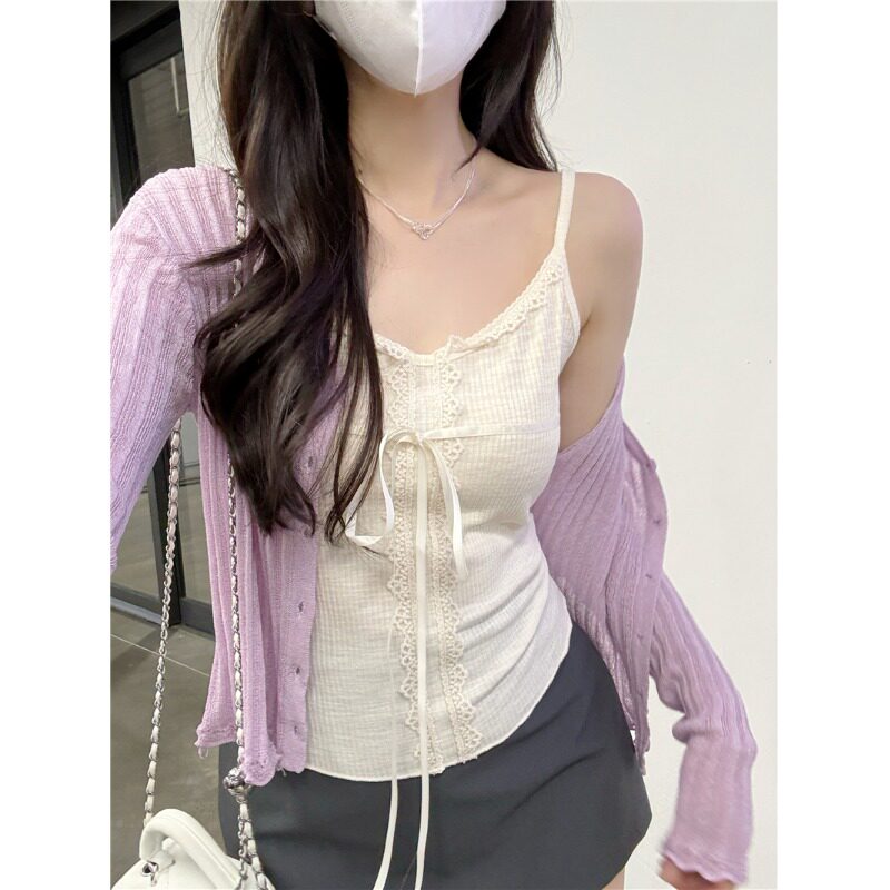 紫色防晒开衫杏色温柔风蕾丝吊带背心两件套女夏季新款韩版一整套