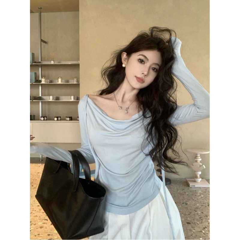 法式纯欲浪漫荡领奶蓝色长袖T恤女春小众别致蝴蝶结绑带修身上衣