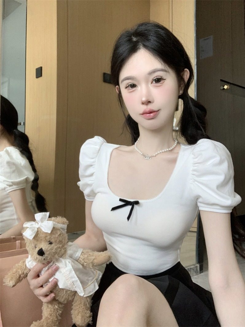 甜美纯欲风白色泡泡袖T恤女夏季短款蝴蝶结修身显瘦收腰美式上衣