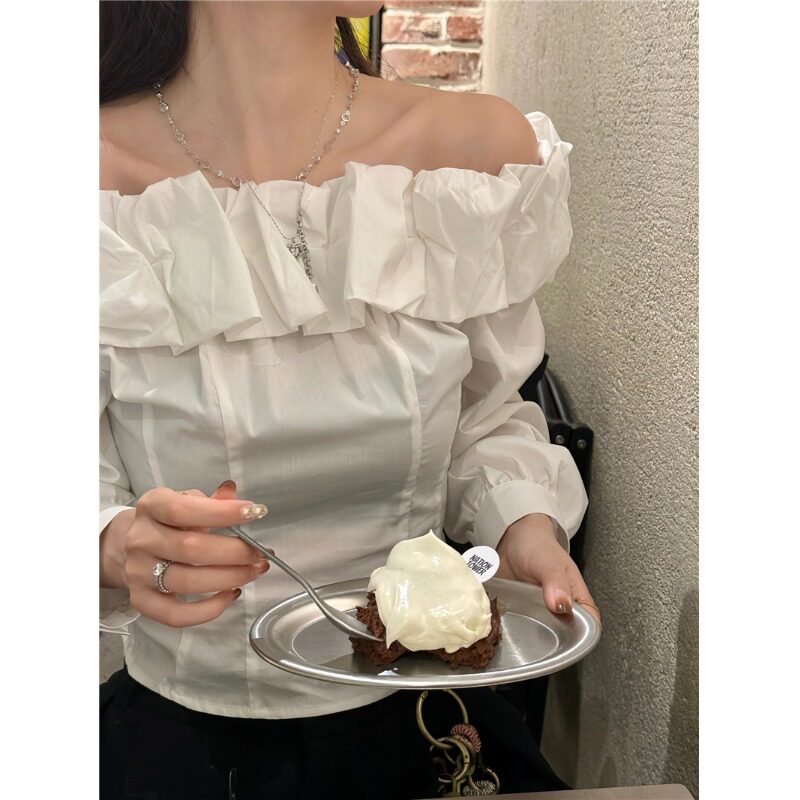 法式一字肩甜美云朵花苞领衬衫