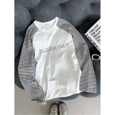 美式复古拼接条纹长袖t恤女