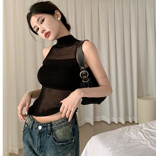 打底衫 性感内搭透视无袖 2025针织吊带背心女夏季 辣妹风半高领薄款
