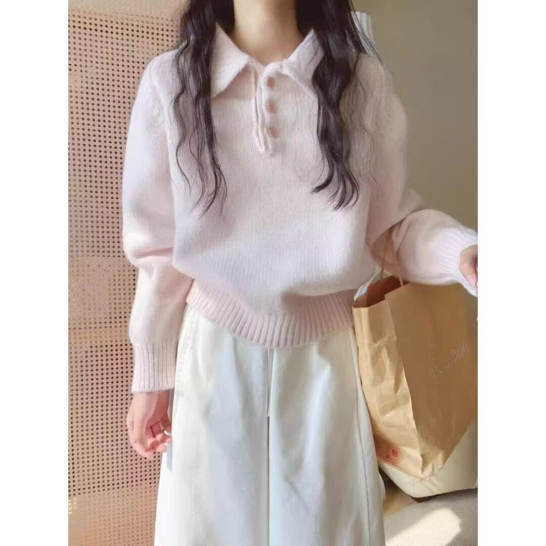 法式温柔小清新粉色polo领套头毛衣女2026新款宽松软糯针织衫上衣