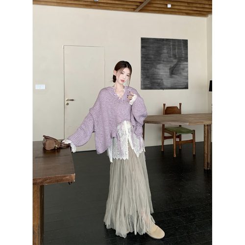 温柔风编织不规则流苏设计感针织圆领长袖毛衣宽松显瘦百搭上衣潮