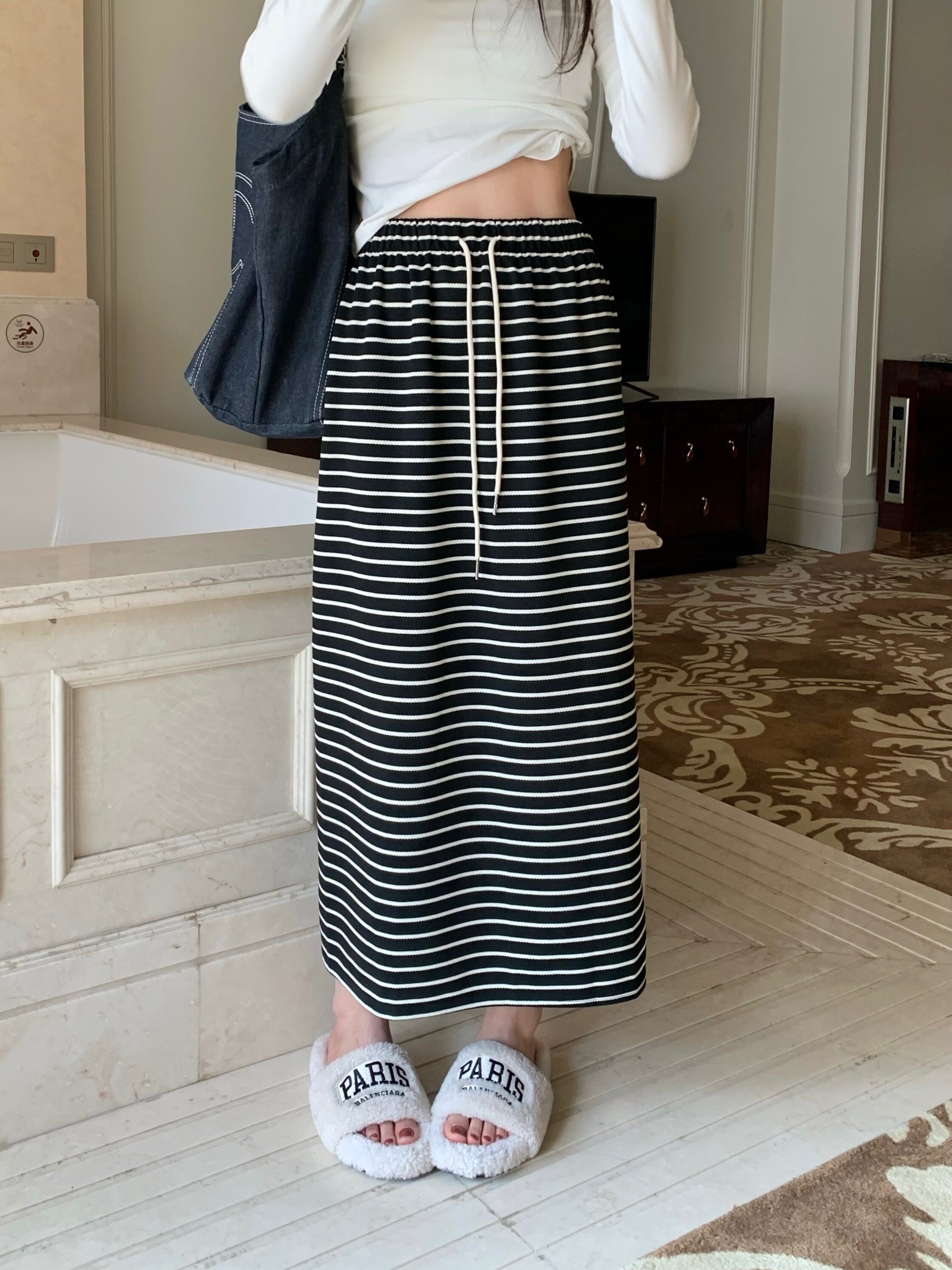 黑白条纹开叉直筒半身裙一步裙女2024春夏新款垂感中长款高腰显瘦