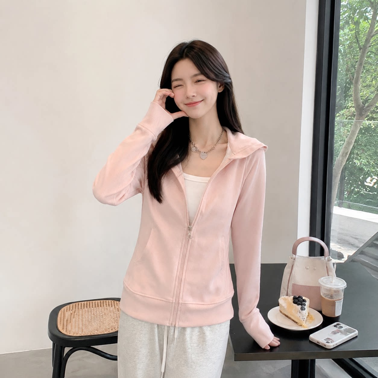 日系早秋连帽拉链卫衣外套女新款