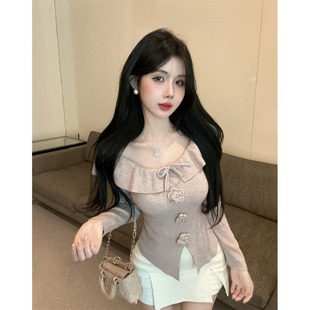 设计感荷叶边蝴蝶结立体花朵长袖 显瘦减龄上衣潮 针织衫 女秋冬修身