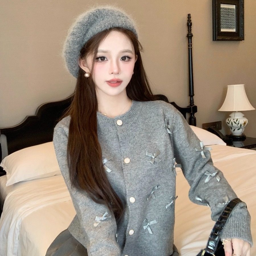 重工设计高级感蝴蝶结小香风针织毛衣开衫女秋冬2024新款灰色外套