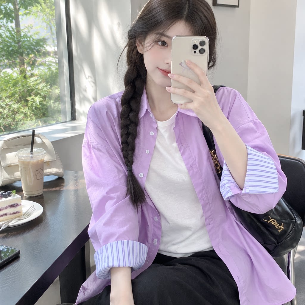 韩系紫色Polo领中长款衬衫女