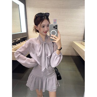 温柔风套装女蝴蝶结绑带雪纺衫吊带背心春季紫色半身裙气质两件套