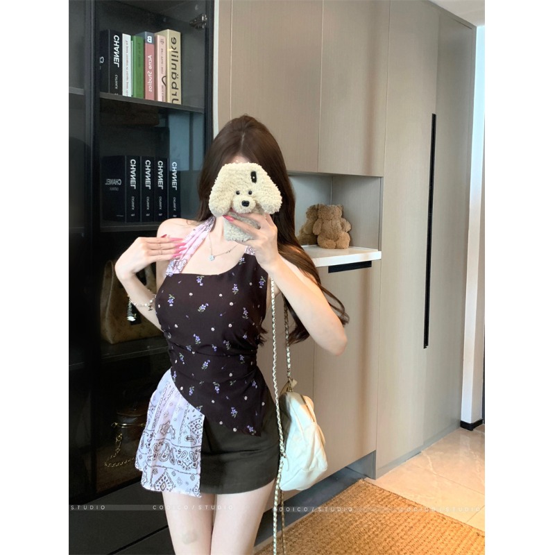 吊带背心女夏外穿2025新款露背碎花设计感小众无袖挂脖上衣