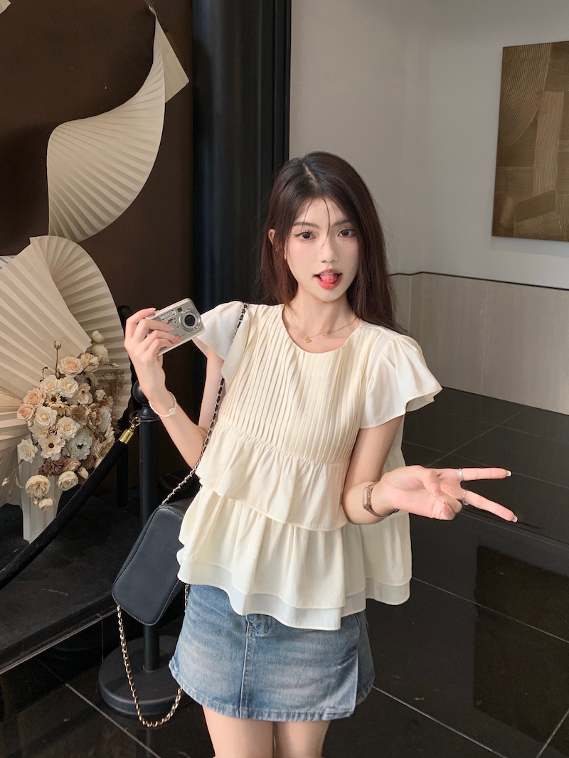 设计感荷叶边衬衣法式白色飞飞袖衬衫女装夏季洋气减龄娃娃衫上衣