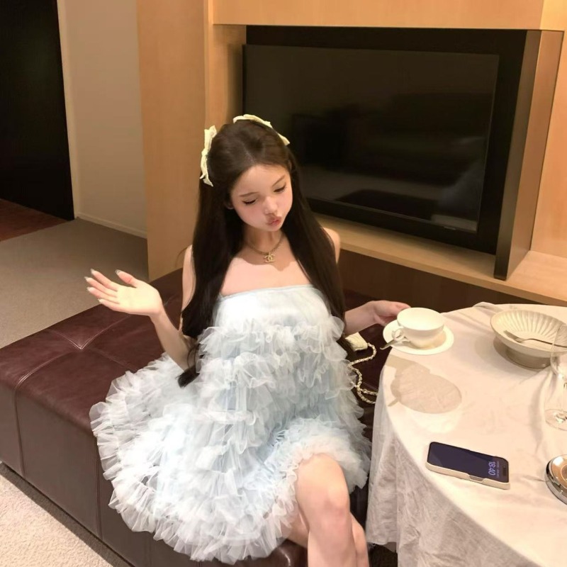 法式超仙吊带连衣裙女夏季甜美蓝色蓬蓬裙设计感宽松短裙a字裙子