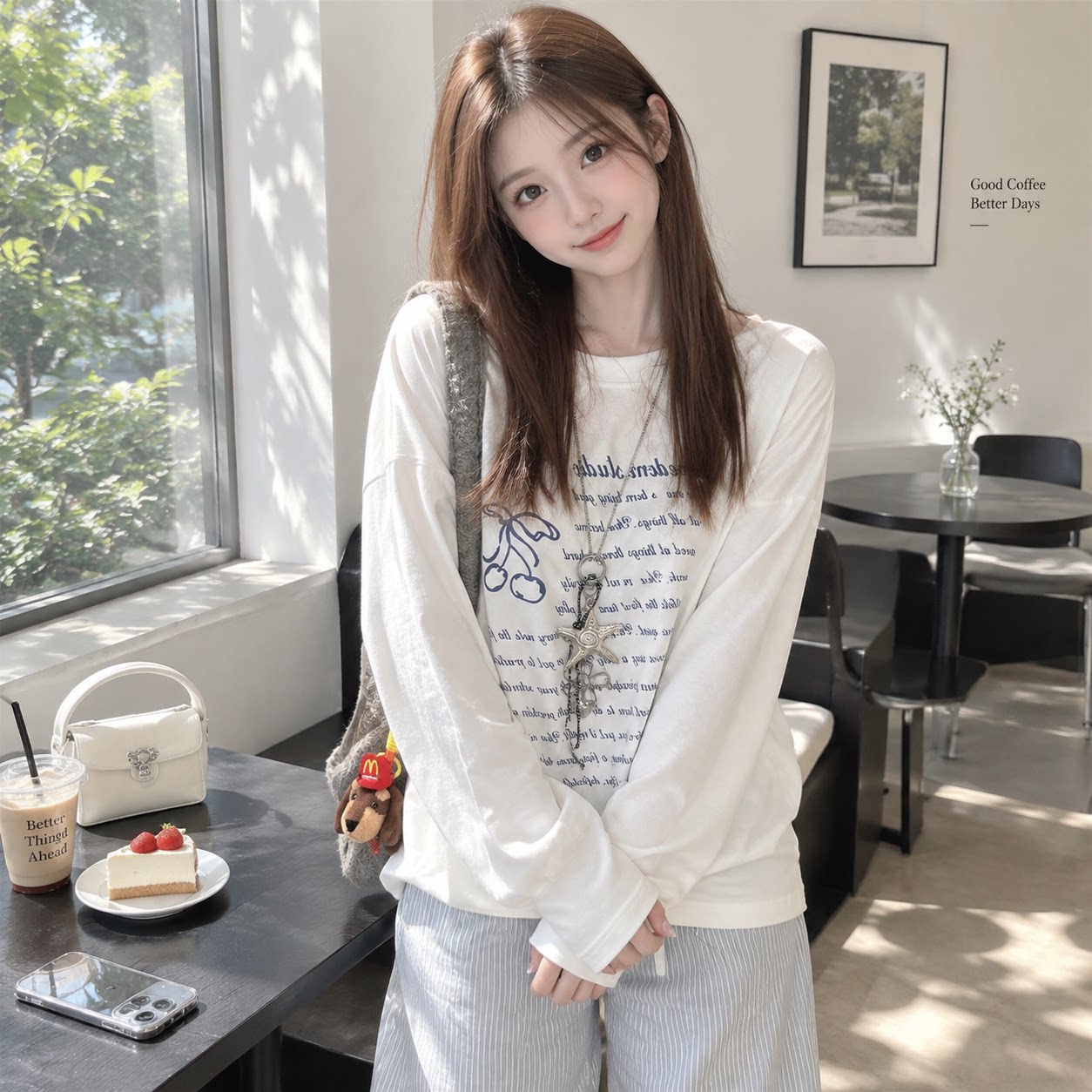 纯棉美式字母宽松长袖T恤女