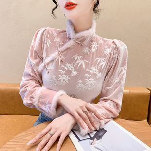 新中式国风粉色丝绒上衣女高级设计感小众洋气减龄别致独特衬衣