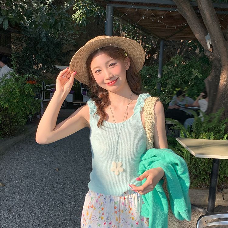 绿色针织吊带背心女夏季修身显瘦