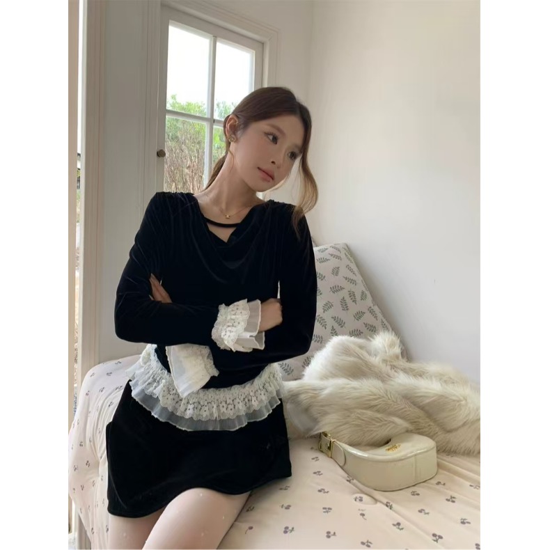 设计感V领丝绒修身长袖衬衫女