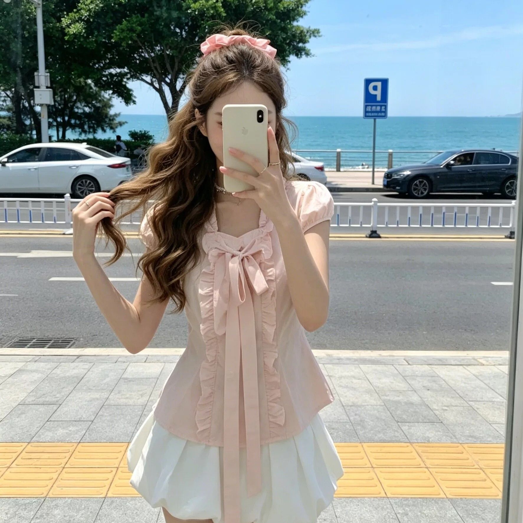 夏季法式甜美蝴蝶结泡泡袖显瘦衬