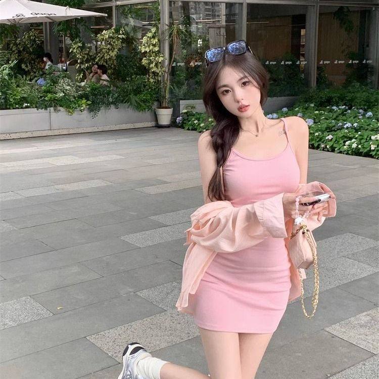 套装女2024夏季新款纯欲粉色吊带连衣裙收腰显瘦包臀短裙防晒衬衫