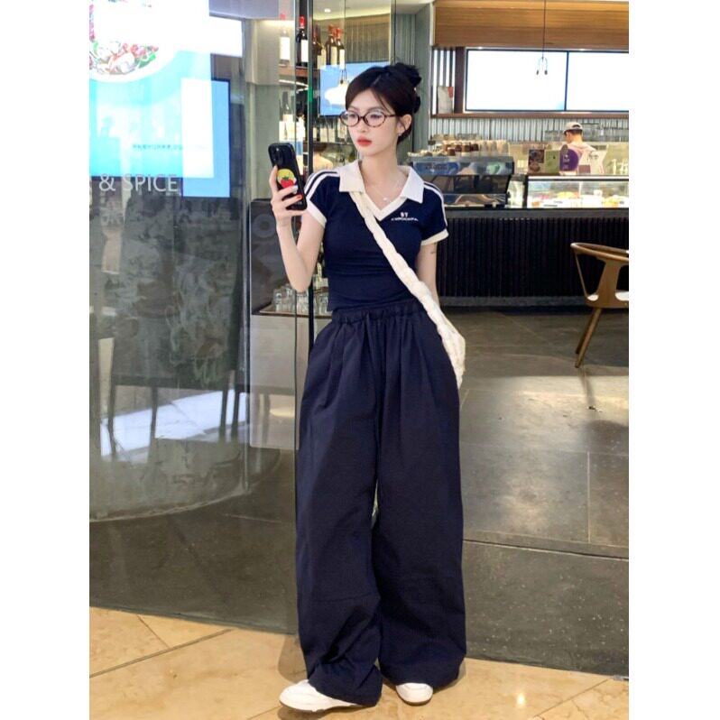 撞色条纹字母V领短袖t恤女夏季辣妹新款运动风修身正肩百搭上衣潮
