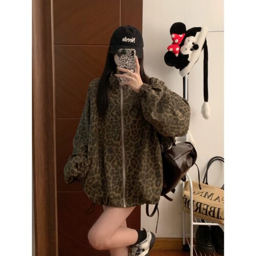 美式豹纹外套2024新款早秋港风小众个性宽松抽绳拉链设计BF夹克女