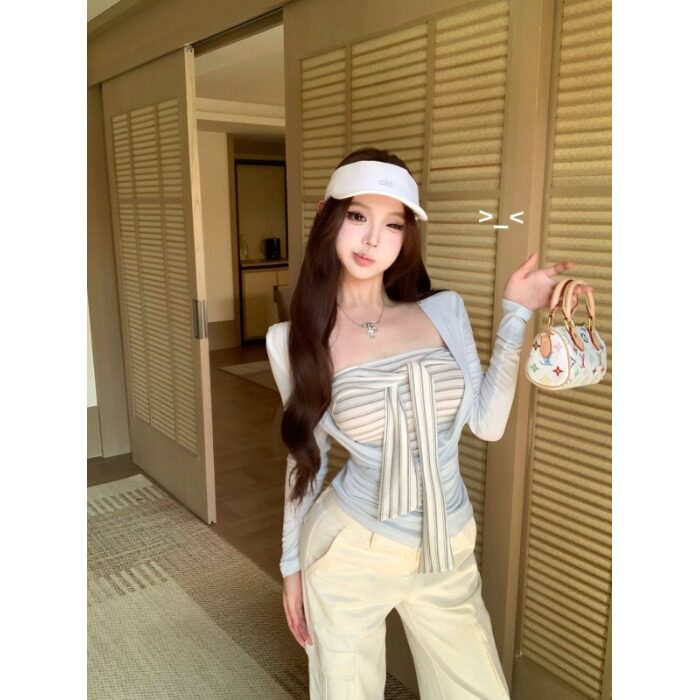 韩系复古纯欲风条纹荡领抹胸两件套女2026春季新款罩衫上衣套装潮