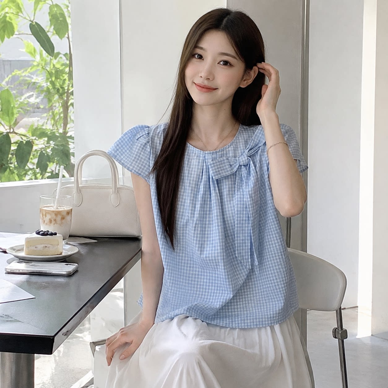 夏季法式格子蝴蝶结短袖女衬衫