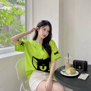 新款设计感小众韩版卡通印花短袖T恤夏季男女宽松荧光绿纯棉上衣