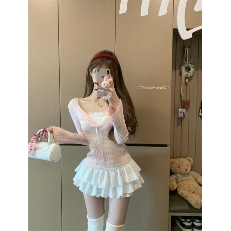 甜美风假两件V领长袖针织衫女冬季新款纯欲修身显瘦喇叭袖打底衫,女装/女士精品,毛针织衫,淘宝优惠券,粉丝福利购,淘宝优惠卷