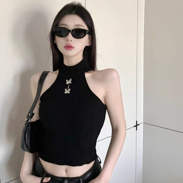 设计感辣妹风镂空挂脖针织衫修身背心装饰显瘦无袖美背露肩上衣