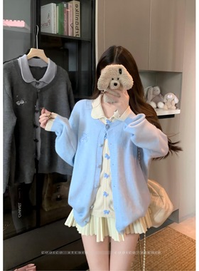 蝴蝶结紫色假两件针织开衫毛衣外套女春秋季2025新款别致绝美上衣