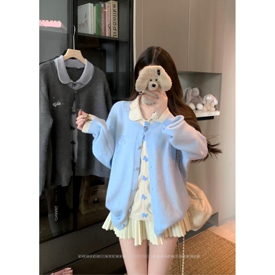 蝴蝶结紫色假两件针织开衫毛衣