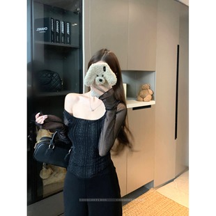 千金细闪亮片U领长袖T恤女秋冬新款修身显瘦网纱拼接时尚辣妹上衣