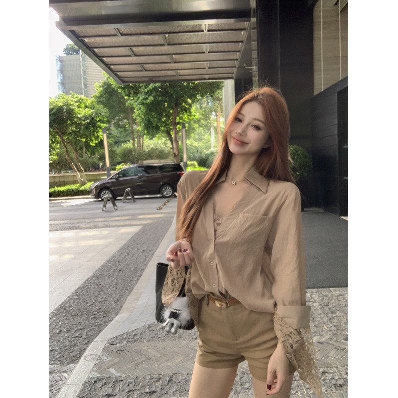 蕾丝拼接假两件衬衫女夏季薄款长袖防晒衬衣卡其色宽松中长款上衣